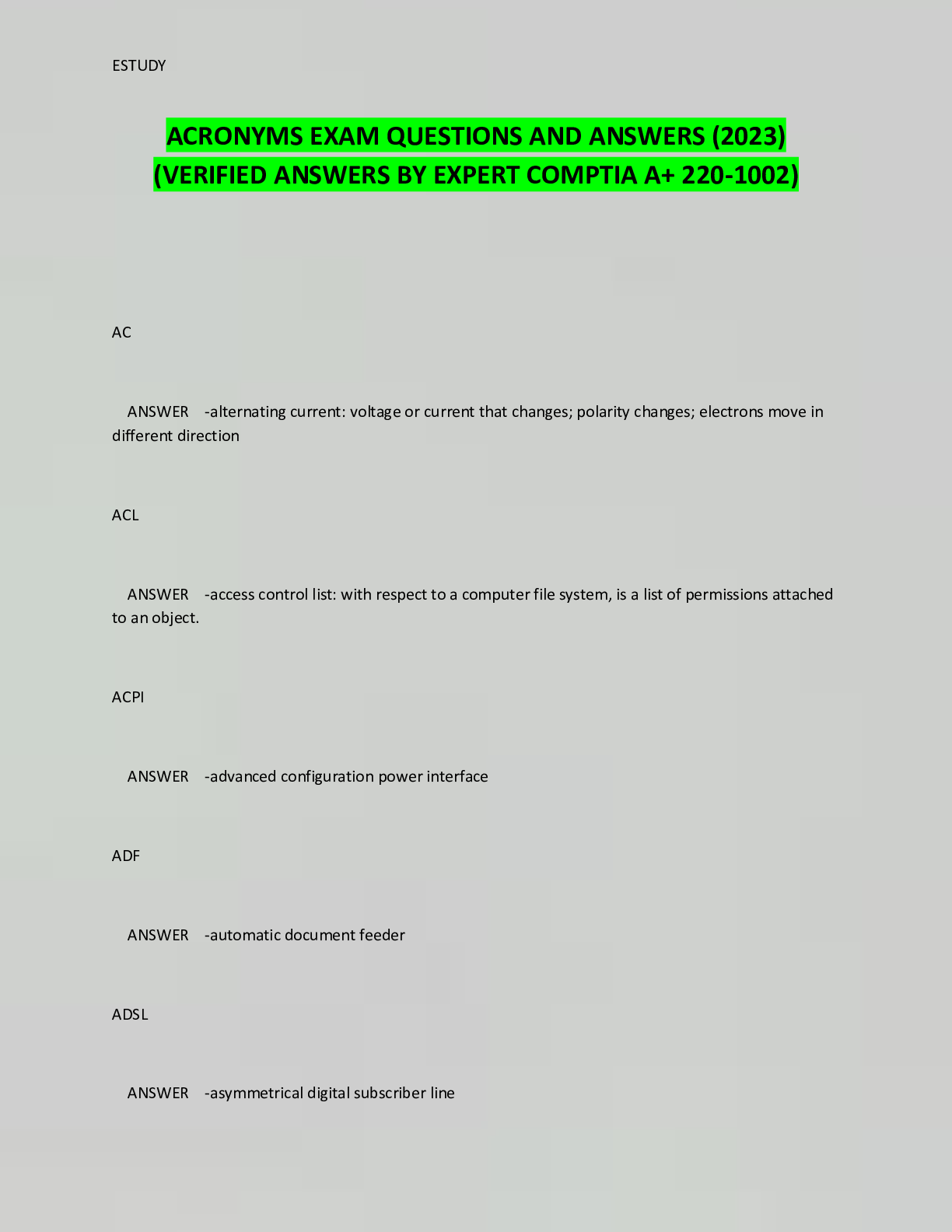 Preview image for ACRONYMS EXAM QUESTIONS AND ANSWERS (2023)  (VERIFIED ANSWERS BY EXPERT COMPTIA A+ 220-1002)
